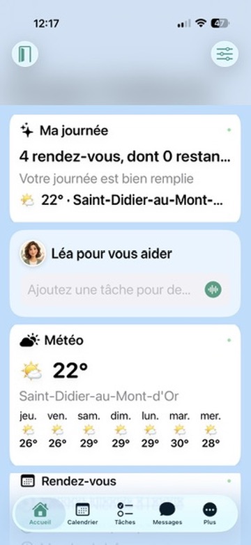 Accueil edenfamily avec les widgets Ma journée, Léa et Météo