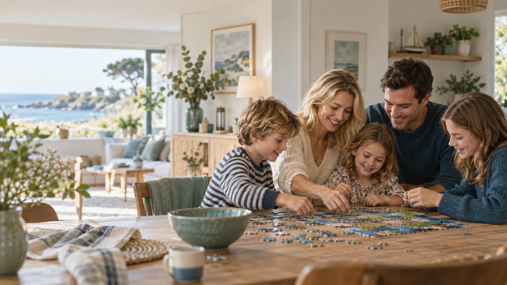 Une famille partage un moment paisible autour d’un puzzle