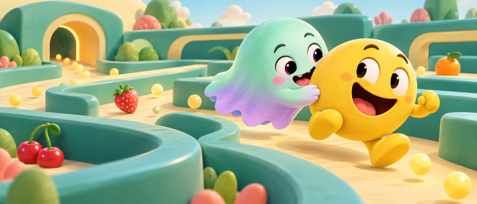 Un fantôme mignon poursuit un héros jaune dans un labyrinthe