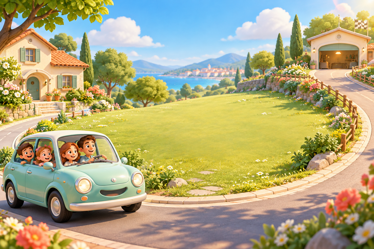 Une famille voyage dans une petite voiture vert d’eau vers un garage fleuri